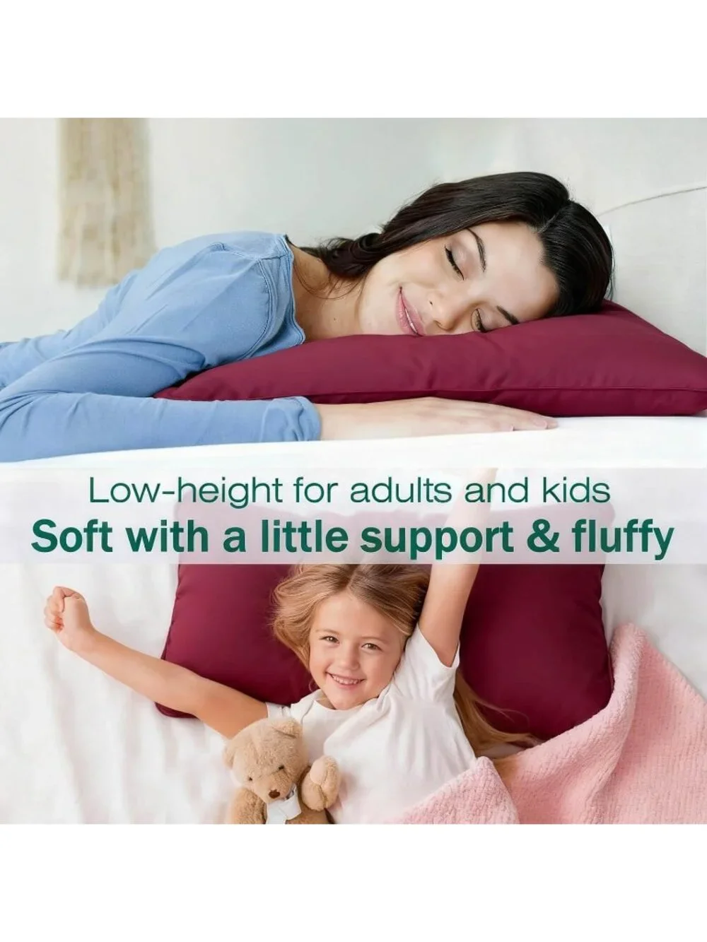 〽️Flat Thin Bed Pillows Standard Size Set of 2 Soft Down Alternative Burgundy